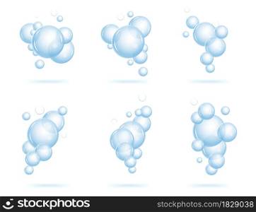 Realistic fizzing flow of air underwater bubbles in water, soda, sea. Foam bubbles. Vector illustration isolated on white background. Design set.. Realistic fizzing flow of air underwater bubbles in water, soda, sea. Foam bubbles. Vector illustration isolated on white background.