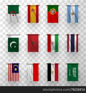 Realistic flags icons Algeria, Morocco and Egypt, Iran, Pakistan, Thailand and Malaysia. Indonesia and Saudi Arabia, Spain, Portugal and Argentina isolated national countries symbolic, 3d flags set. Realistic flags icons, national countries symbolic