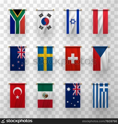 Realistic flags icons Australia, New Zealand, South Korea and Sweden, Switzerland. Czech Republic, Austria, Turkey, Mexico. South Africa, Israel, Greece isolated national countries 3d flags. Realistic 3d flags icons countries symbolic set