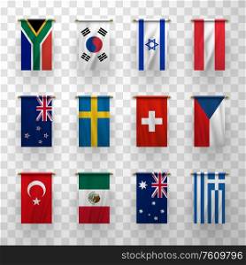 Realistic flags icons Australia, New Zealand, South Korea and Sweden, Switzerland. Czech Republic, Austria, Turkey, Mexico. South Africa, Israel, Greece isolated national countries 3d flags. Realistic 3d flags icons countries symbolic set