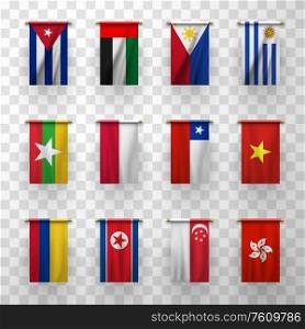Realistic flags vector 3d icons Burma, Colombia and Chile, Uruguay, Cuba, UAE. Poland, Philippines and Singapore, Hong Kong, DPRK North Korea, Vietnam isolated national countries symbolic, flags set. Realistic flags countries symbolic 3d icons set