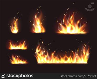 Realistic flame. Isolated bright fire, different burning shapes with smoke, orange and red blazing effects with flying apart sparks, bonfire and fiery borders decorative elements, vector isolated set. Realistic flame. Isolated bright fire, different burning shapes with smoke, orange and red blazing effects with flying apart sparks, bonfire and fiery borders, vector isolated set