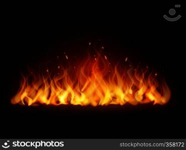 Realistic flame line. Burning fiery wall hot fireplace flames warm fire blazing bonfire effect red flaming vector background. Realistic flame. Burning fiery hot wall, fireplace warm fire, blazing bonfire red flames effect. flaming vector background