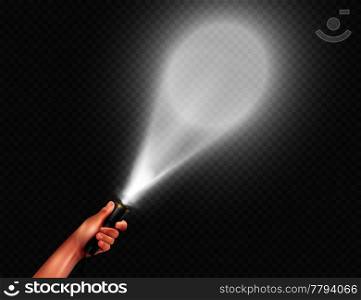 Realistic flashlight in hand and beam of light directed on the wall transparent vector illustration. Realistic Flashlight In Hand Composition