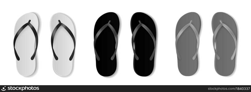 Realistic flip flops mockup. Monochrome beach footwear, black, white and grey, empty rubber swimming pool, beach and bathroom sandals pairs, summer shoes. Top view footwear vector 3d isolated set. Realistic flip flops mockup. Monochrome beach footwear, black, white and grey, empty rubber swimming pool, beach and bathroom sandals pairs, summer shoes. Top view footwear vector set