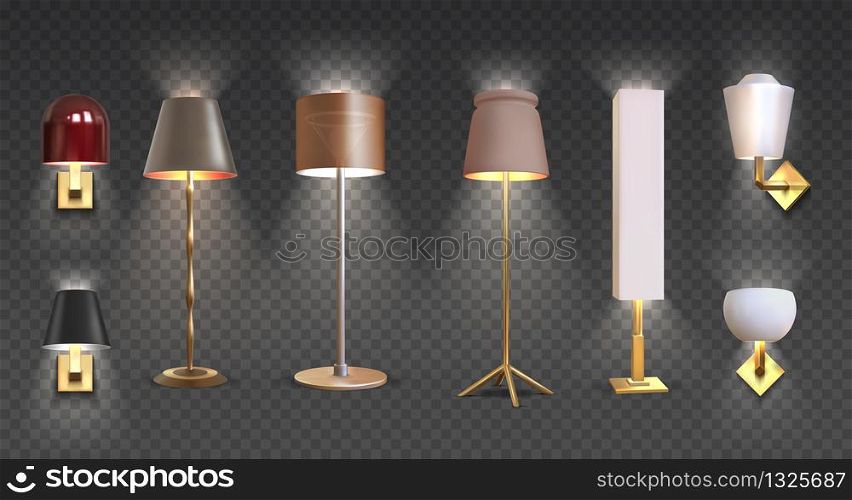 Realistic floor lamp. 3D closeup render of modern electric torchere with light isolated on transparent background. Vector illustration light furniture set for illumination interior. Realistic floor lamp. 3D closeup render of electric torchere with light isolated on transparent background. Vector light furniture set