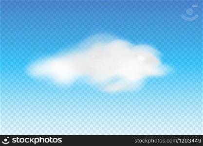 Realistic fluffy white cloud on transparent background, cloudy weather icon. Vector design template.