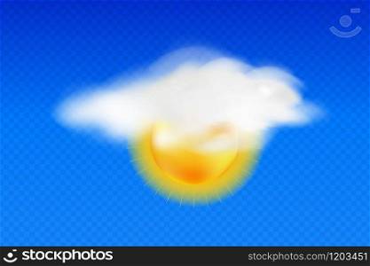 Realistic fluffy white cloud with beautiful sun on transparent background, sunny weather icon. Vector design template.