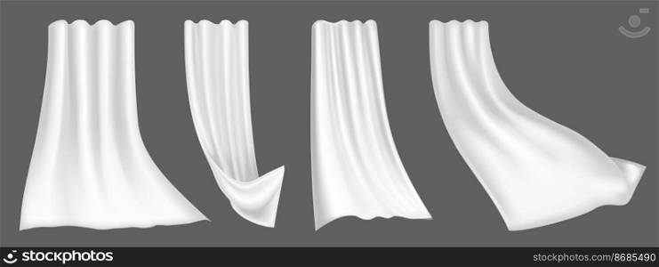 Realistic fluttering window curtains, white hanging cloths with folds, soft lightweight clear material. Luxury textile drapery, floating tissue isolated on grey background. 3d vector illustration, set. Realistic fluttering window curtains, hang cloths
