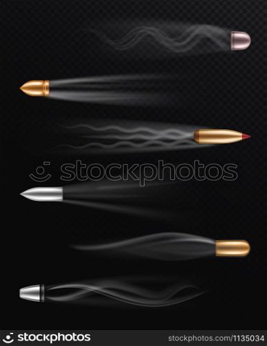 Realistic flying bullet. Fired bullets in motion with smoke trace, shoot trails, dangerous shooting handgun firearm, metall projectiles vector abstract weapons defence set. Realistic flying bullet. Fired bullets in motion with smoke trace, shoot trails, dangerous shooting handgun firearm, metall projectiles vector set