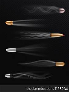 Realistic flying bullet. Fired bullets in motion with smoke trace, shoot trails, dangerous shooting handgun firearm, metall projectiles vector abstract weapons defence set. Realistic flying bullet. Fired bullets in motion with smoke trace, shoot trails, dangerous shooting handgun firearm, metall projectiles vector set