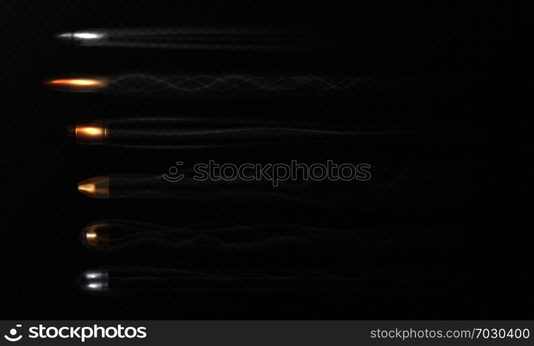 Realistic flying bullet. Smoke traces isolated on transparent background, stop motion different fired bullets. Vector gun shot smoke illustration traces. Realistic flying bullet. Smoke traces isolated on transparent background, stop motion different fired bullets. Vector gun shot traces