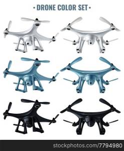 Realistic flying unmanned drones of different color with digital cameras isolated on white background vector illustration. Realistic Drone Set