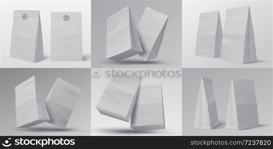 Realistic food bag. White empty paper food box isolated on white for design template. Vector illustration cardboard package mock up set for fast meals pack. Realistic food bag. White empty paper food box isolated on white for design template. Vector cardboard package mock up set
