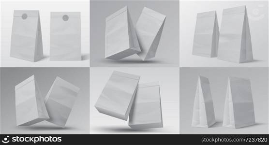 Realistic food bag. White empty paper food box isolated on white for design template. Vector illustration cardboard package mock up set for fast meals pack. Realistic food bag. White empty paper food box isolated on white for design template. Vector cardboard package mock up set