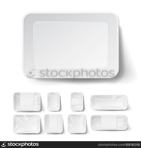 Realistic Food Container Set Vector. Empty Blank Styrofoam Plastic Food Tray Container. White Empty Mock Up. Good For Package Design