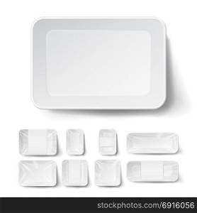 Realistic Food Container Set Vector. Empty Blank Styrofoam Plastic Food Tray Container. White Empty Mock Up. Good For Package Design