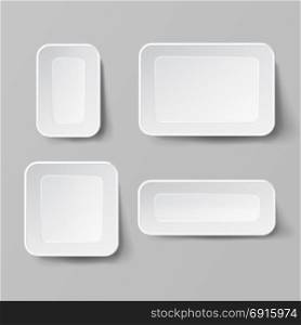 Realistic Food Container Set Vector. Empty Plastic Food Square Container. Good For Package Design. Empty Mock Up Vector Illustration. Empty Blank Styrofoam Plastic Food Tray Container. White Empty Mock Up. Good For Package Design