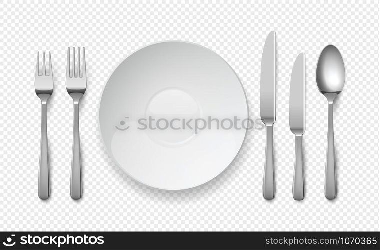 Realistic food plate with spoon, knife and fork. White empty dishes for cafe and restaurants. Cutlery vector top view illustration on transparent background. Realistic food plate with spoon, knife and fork. White empty dishes for cafe and restaurants. Cutlery vector top view illustration