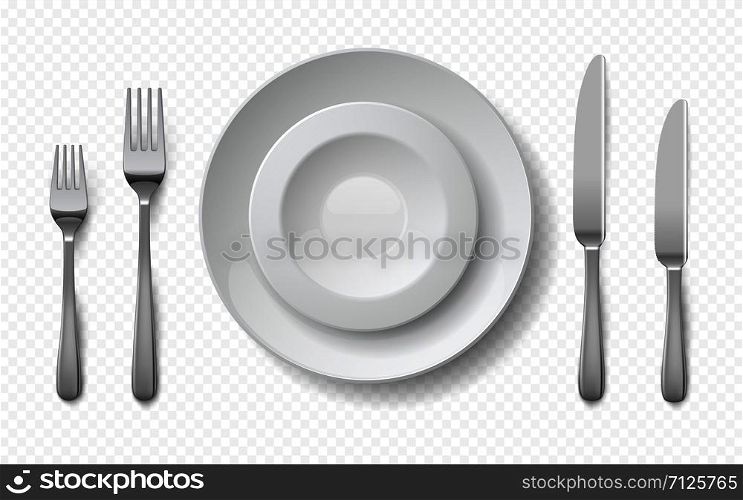 Realistic food plates. White ceramic dish with metal fork, knife, empty restaurant porcelain crockery. Vector isolated illustration mockup dishes with elegant silver cutlery on transparent background. Realistic food plates. White ceramic dish with metal fork spoon and knife, empty restaurant porcelain crockery. Vector isolated mockup