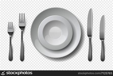 Realistic food plates. White ceramic dish with metal fork, knife, empty restaurant porcelain crockery. Vector isolated illustration mockup dishes with elegant silver cutlery on transparent background. Realistic food plates. White ceramic dish with metal fork spoon and knife, empty restaurant porcelain crockery. Vector isolated mockup