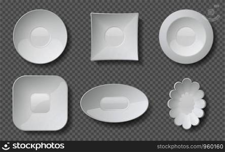 Realistic food plates. White empty dishes and bowls for cafe and restaurants, ceramic glass or porcelain dishware. Vector isolated mockup dining plate set on transparent background. Realistic food plates. White empty dishes and bowls for cafe and restaurants, ceramic glass or porcelain dishware. Vector mockup set