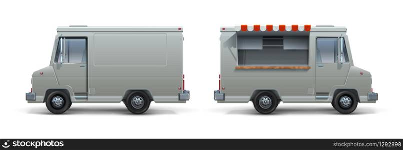 Realistic food truck. Ice cream pizza and street food white trailer for corporate identity, mobile kitchen on wheel with open window. Vector set isolated mobile truck express eating. Realistic food truck. Ice cream pizza and street food white trailer for corporate identity, mobile kitchen on wheel with open window. Vector set
