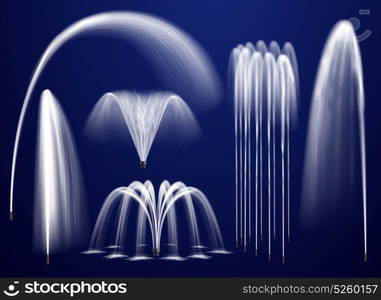 Realistic Fountains On Blue Background Set. Set of realistic fountains including single jets and combination of streams on blue background isolated vector illustration