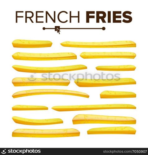 Realistic French Fries Set Vector. Classic American Fast Food Potato Stick. Design Element. Isolated On White Illustration. Realistic French Fries Vector. Tasty Fast Food Potato Icons. Classic American Stick Breakfast. Design Element. Isolated On White Background Illustration
