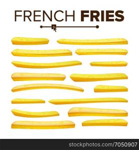 Realistic French Fries Set Vector. Classic American Fast Food Potato Stick. Design Element. Isolated On White Illustration. Realistic French Fries Vector. Tasty Fast Food Potato Icons. Classic American Stick Breakfast. Design Element. Isolated On White Background Illustration