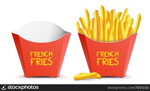 Realistic French Fries Vector. Red Paper Package. Empty And Full. Isolated On White Illustration. Realistic French Fries Potatoes Vector. Tasty Fast Food Potato. Empty And Full. Isolated On White Background Illustration