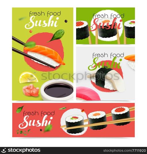 Realistic fresh sushi banners set with seafood symbols isolated vector illustration. Realistic Sushi Banners Set