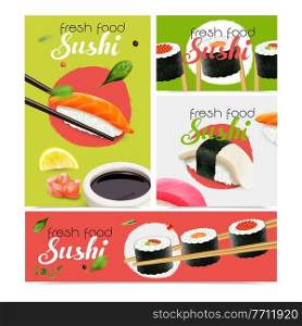 Realistic fresh sushi banners set with seafood symbols isolated vector illustration. Realistic Sushi Banners Set