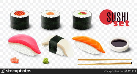 Realistic fresh sushi set on transparent background isolated vector illustration. Realistic Sushi Set