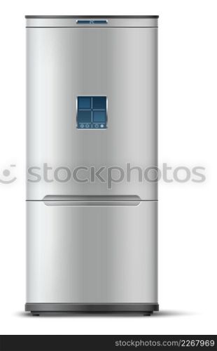 Realistic fridge. Modern digital screen refrigerator. Food cooler isolated on white background. Realistic fridge. Modern digital screen refrigerator. Food cooler