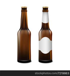Realistic front view beer bottle mockup template isolated on white bacground, vector illustration