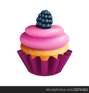 Realistic fruit cupcake. Isolated bakery element, biscuit with cream and berry. Sweet dessert, breakfast vector food. Illustration biscuit bakery tasty, sweet pastry cake. Realistic fruit cupcake. Isolated bakery element, biscuit with cream and berry. Sweet dessert, breakfast vector food