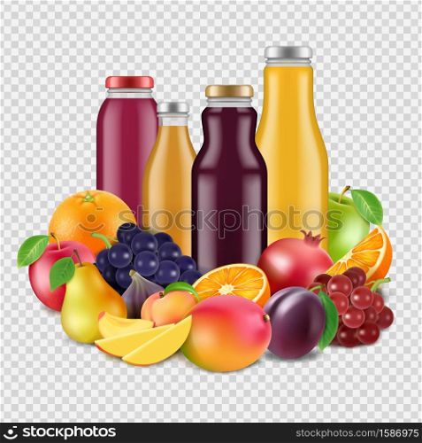 Realistic fruits and juices vector isolated on transparent background. Organic juicy fresh, mango and grape, pear and orange, apple and pomegranate illustration. Realistic fruits and juices vector isolated on transparent background