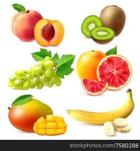 Realistic fruits set with whole and sliced ripe banana mango kiwi grapefruit grapes peach isolated vector illustration