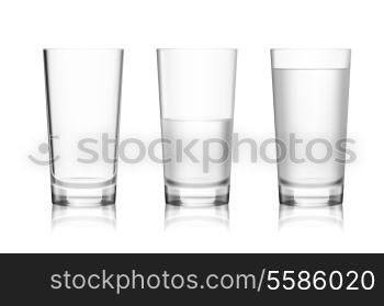 Realistic full half-full and empty glass with mineral water isolated on white background vector illustration