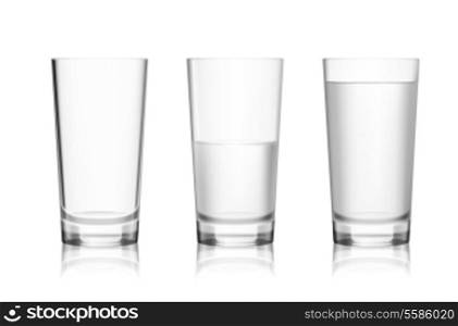 Realistic full half-full and empty glass with mineral water isolated on white background vector illustration