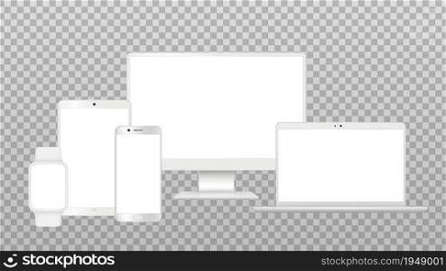 Realistic gadgets mockup. Tv screen, laptop smartphone isolated templates. White modern devices vector set. Screen laptop, notebook and phone touchpad illustration. Realistic gadgets mockup. Tv screen, laptop smartphone isolated templates. White modern devices vector set