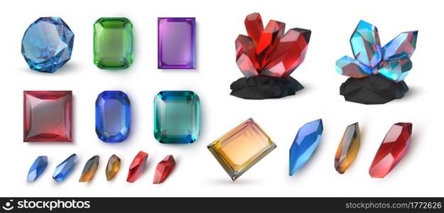 Realistic gems. Precious stones and faceted jewels. 3D minerals crystals. Isolated brilliant topaz and amethyst. Shiny ruby or sapphire. Luxury emerald. Vector fantasy treasure and magic jewelry set. Realistic gems. Precious stones and faceted jewels. 3D minerals crystals. Brilliant topaz and amethyst. Shiny ruby or sapphire. Luxury emerald. Vector treasure and magic jewelry set