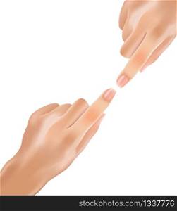 Realistic Gentle Touch Hands with Index Fingers. Vector Illustration Touch Up Arm Body Sign. Two Hands Beautiful Healthy Color Without Hair Try to Touch Each other with their Fingers.. Realistic Gentle Touch Hands with Index Fingers.