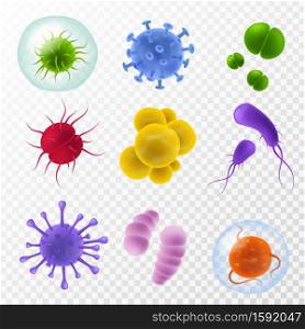 Realistic germs. Microscopic bacillus and infection cells, colorful bacteria and microorganism icon, covid flu viruses collection, human microbiology 3d vector isolated on transparent background set. Realistic germs. Microscopic bacillus and infection cells, colorful bacteria and microorganism icon, covid flu viruses collection, human microbiology 3d vector isolated set
