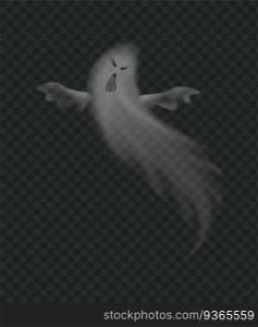 Realistic ghost, scary monster for halloween. Spooky phantom silhouette isolated on transparent background. Flying poltergeist figure with frightening face, ghoul vector illustration. Realistic ghost, scary monster for halloween. Spooky phantom, flying poltergeist figure with frightening face