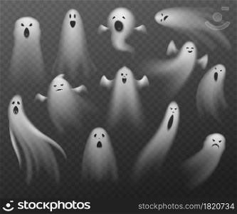 Realistic ghosts. Transparent different Halloween phantoms. Isolated flying spooky dead souls. Scary angry poltergeists. Mystical death shadows with different emotions. Vector wandering spirits set. Realistic ghosts. Transparent different Halloween phantoms. Isolated flying spooky dead souls. Angry poltergeists. Mystical shadows with different emotions. Vector wandering spirits set