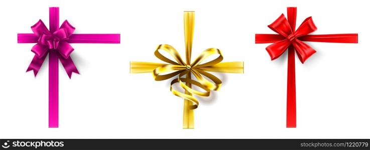 Realistic gift bow. Cross ribbon with bow, decorating gift box ribbons. Pink, gold and red bows vector set. Collection of decorative tied satin tapes, elegant holiday present wrapping decorations.. Realistic gift bow. Cross ribbon with bow, decorating gift box ribbons. Pink, gold and red bows vector set
