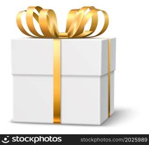 Realistic gift box tied with golden ribbon. White present package isolated on white background. Realistic gift box tied with golden ribbon. White present package