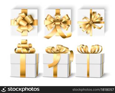 Realistic gift boxes. 3d white holiday packaging mockup, gold ribbons and different bows, gift wrap templates, top and side view of cardboard present box vector set. Realistic gift boxes. 3d white holiday packaging mockup, gold ribbons and different bows, gift wrap templates, top and side view. Vector set